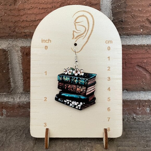 Turquoise Tooled Antique Books Wood Earrings - Picture 2 of 2